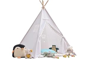 JACKFRU Tipi Tenda da gioco 120 x 120 x 160 cm, con sfera in feltro, per interni, in tela, per lettura, sala giochi, per bambini (bianco-A)