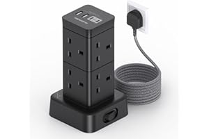 HANYCONY Tower Extension Lead with USB C Slots 3M, 8 Way Outlets Power Strip [13A 3250W], Surge Protected Extension Lead, Black Extension Cable, Multi Plug Extension Socket for Home Office Bedroom Accessories