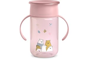 Suavinex, Tazza didattica per bambini, con sistema antigoccia 360 antimacchia con manici e coperchio, lavabile in lavastoviglie e adatta al microonde, 340 ml, per bambini +12 mesi, My Family Rosa