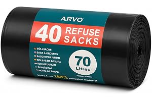 ARVO 70 L sopsäckar, 40 platt botten avfallspåsar på en rulle, 73 x 84 cm sopsäckar, 100% återvunna LDPE-soppåsar för kök, ko