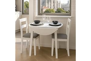 Homely - Conjunto de Comedor Dallas White | Mesa de Cocina Redonda Extensible de 90 cm (17,5/55 / 17,5) cm. | Mesa con 2 alas abatibles | 2 sillas de Cocina/Comedor de Madera Lacado en Blanco