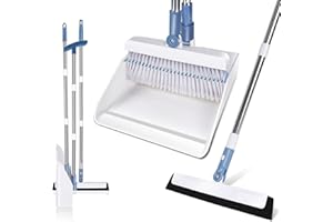 Masthome Long Handled Dustpan and Brush Set with Squeegee,3Pcs Standing Broom and Dustpan with Comb Teeth, 180 Degree Rotating Sweeping Brush for Indoor Outdoor Household Cleaning and Sweeping