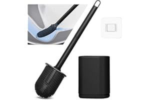 JIMACRO Miękka szczotka toaletowa silikonowa długa rączka głębokie czyszczenie szczotki toaletowe i uchwyt do łazienki, montowana na podłodze/ścianie szczotka toaletowa z miękkim włosiem, czarna