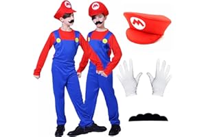 Jofiesu Mario Costume for Kids 3-12, Mario and Luigi Costume Game Outfit Fancy Dress Up Jumpsuit Bodysuit Cosplay with Hat Gloves Moustaches