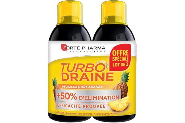 Forté Pharma - TurboDraine Ananas - +50% d'élimination*, Draineur, Reminéralisant, Bruleur de graisse - Thé vert, Reine des prés, Queue de cerise, Potassium - Sans sucres - Lot 2x500 ml, 20 jours
