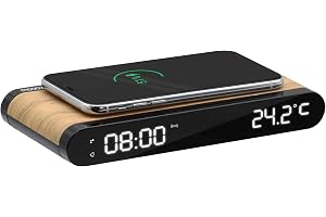 MOOOV 477349 15 W induktionsladdare väckarklocka och USB-C-port - integrerad temperatur - träeffekt