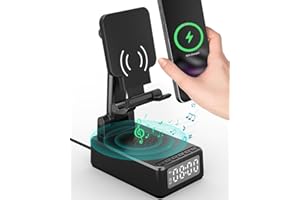 BITSWOLEE Birthday Gifts for Men Women, Bluetooth Speaker with Wireless Charger & Phone Stand, Gifts for Him, Foldable Angle & Height Stand with Alarm Clock, Ideal for Dad Mom, Tech Gadget Stocking Fillers