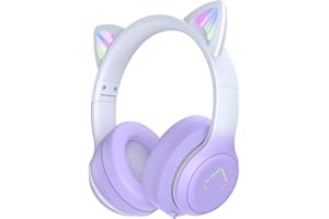 Usoun Kids Headphones,Cat Ear Bluetooth Kids Headphones with Led Light,Girls Headphones Wireless,SD Card,3.5mm Audio,Wireless/Wired Foldable Kids On Ear Headphones for Boys Girls Adults (Purple)