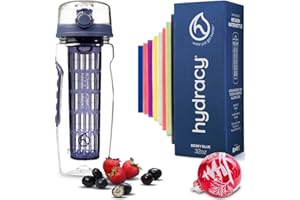 Hydracy Bouteille à Infusion de Fruits avec Etui Long Infuseur et Indicateur de Temps - Grande capacité 1Litre - Sans bisphénol A - Votre Hydratation Santé avec du Goût! Berry Blue