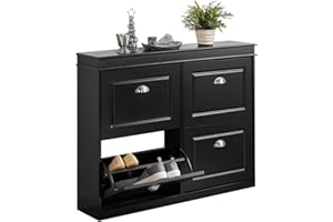 SoBuy Meuble Chaussure Rangement Chaussure avec 4 Abattants, Armoire à Chaussures Entrée, Meuble à Chaussures, Range Chaussures 16 Paires, pour Couloir, Entrée, 105x24x83 cm, Noir, FSR79-SCH