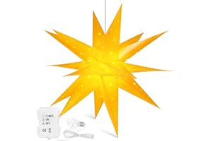 ‎QIJIEDA Qijieda 3D Weihnachtsstern Beleuchtet Außen Batterie mit Timer - 58cm led Weihnachtsstern für Fenster, Adventsstern Stern Zum Dekorieren von Innenhof, Balkon Und Garten (Yellow, 58cm)