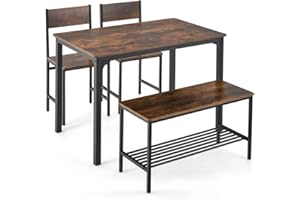 GiantexUK Dining Table and 2 Chairs with Bench, 4PCS Wooden Dining Room Set with Storage Rack, Space Saving 4-Seater Kitchen Table Set Furniture for Home Dining Living Room (Rustic Brown)