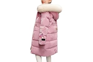 De feuilles Kids Girls Hooded Padded Coat Winter Warm Mid-Length Jacket Solid Color Shiny Letter Print with Faux Fur Hooded