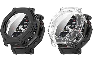 QJONSIU Twarde etui z poliwęglanu kompatybilne z Amazfit T-Rex 3 Pro z wbudowanym szkłem hartowanym, 2-pak dookoła etui ochronne odporne na zarysowania - czarne
