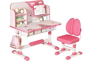 WORPARSEN Upgraded Kinderschreibtisch,höhenverstellbar, Schüler-Schreibtisch und Stuhl, Kinderschule, Studiertisch mit Schubladenablagen, Bücherregal, Studienstuhl und Schreibtisch für Kinder(Rosa 111cm)
