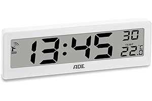 ADE Reloj Digital radiocontrolado con indicador de Temperatura | dígitos Muy Grandes | Pantalla de fácil Lectura | Blanco