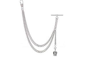 HOLY SINS JEWELLERY Hecho a mano en el Reino Unido, color plateado, cadena de reloj de bolsillo Albert con colgante de corona