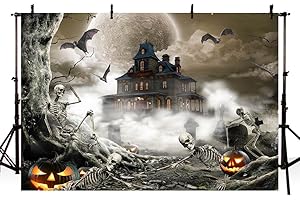 AIBIIN Halloween tło fotograficzne straszna noc duch szkielet zamek nietoperz dynia szara dekoracja tło mgła nawiedzony dom dzień świętych dzieci dorosłych portret materiały fotograficzne 2,1 x 1,5 m