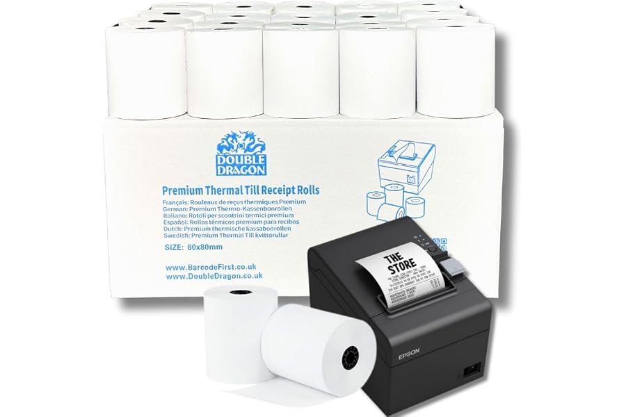 Double Dragon, Rollo de papel térmico premium de 80 x 80 mm para impresora EPOS, terminal POS, caja registradora [paquete de 
