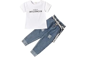 VERVE JELLY Kids Toddler Baby Girls Short Sleeve Letter Print T-Shirt Tops Ripped Jeans Denim Pants with Belt 2Pcs Spring Summer Clothes Outfits