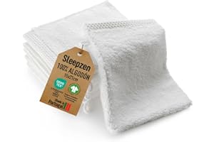 Sleepzen - Juego de 6 Toallitas/Guantes de Baño de Algodón Orgánico (Blanco) - Certificado GOTS - 500 g/m² Algodón de Fibra Larga - Muy Absorbentes - Certificado Oeko-Tex - Fabricado en Portugal