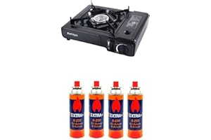 GENÉRICO PACK Cocina Portátil Kmt Style - Hornillo de Camping Portátil y Compacto - Para Acampada, con Maletín de Transporte + 4 cartucho gas