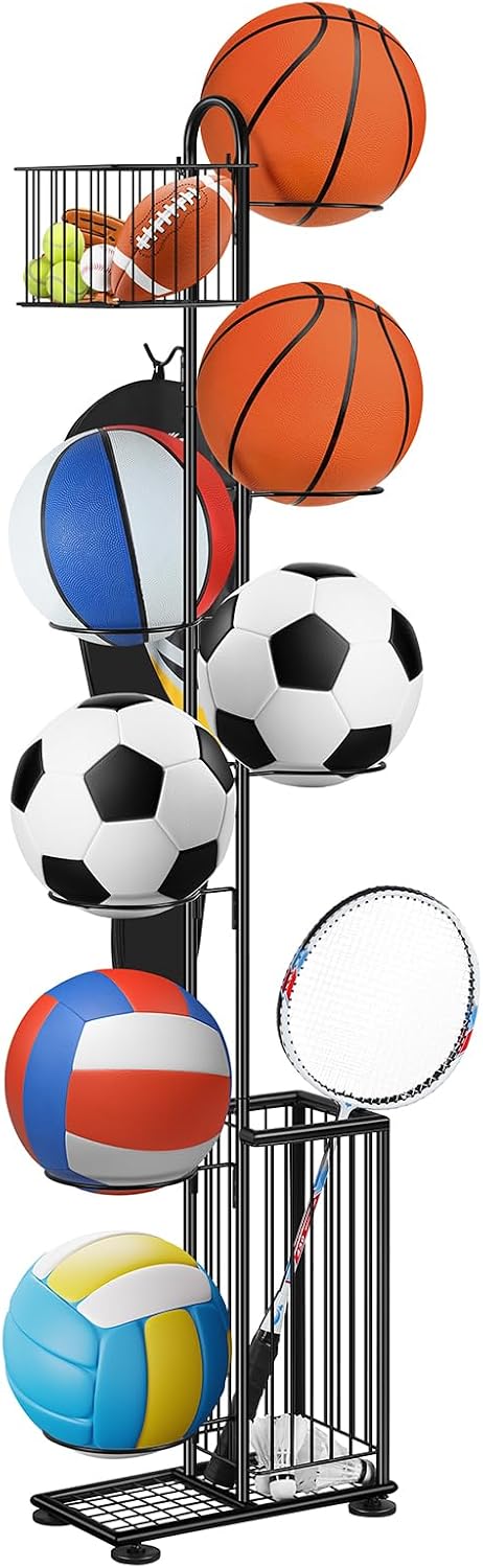 Smusei Soporte de bolas de metal, 7 niveles, soporte vertical para bolas con cestas y ganchos, sala y exterior, equipo deportivo, organizador para baloncesto, fútbol, voleibol