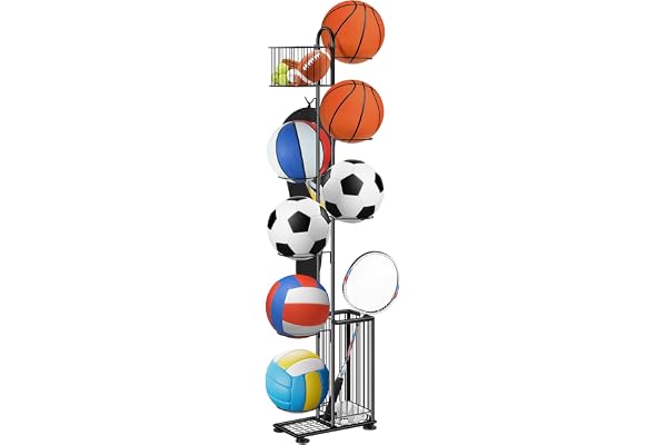 Smusei Support à billes en métal, 7 niveaux, support vertical pour balles avec paniers et crochets, salon et extérieur, équipement de sport, organisateur pour basket-ball, football, volley-ball
