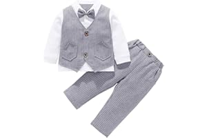 AmzBarley Baby Boys Gentlemans Outfit Suit Kids Long/Short Sleeve Dress Shirt Pants Vest Bowtie Tuxedo Rompers Childs Birthday Evening Holiday Party