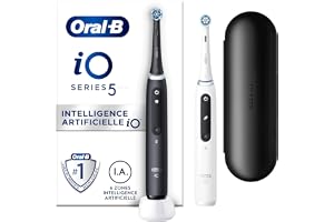 Oral-B iO 5 Tvåpack, Svart och Vit Eltandborste, 2 tandborsthuvuden, 1 Resefodral, Designed By Braun, Elektrisk Tandborste, Oral B
