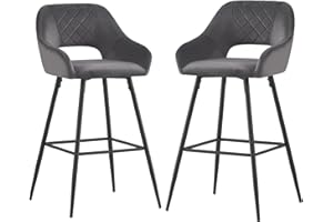 JaHECOME Bar Stools Set of 2 Grey Velvet Padded with Footrest Armrest Kitchen High Stools Supported Black Metal Legs for Breakfast Bar, Counter, Kitchen and Home