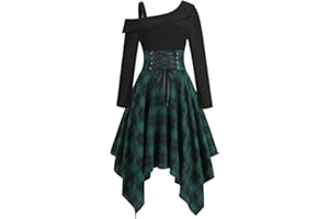 LUOLUOLUO Gothic Plaid Dress for Women UK Sale Clearance, Ladies One Shoulder Dress Lace up Steampunk Skirt Long Sleeve Medieval Dress Irregular Hem Stitching Dresses Halloween Clothing Retro Party Dress