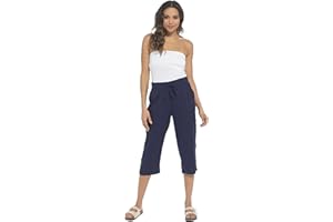 Thingimijigs Ladies Linen Blend Cropped Trousers 3/4 Length Casual Summer Pants with Ribbed Waistband and Pockets