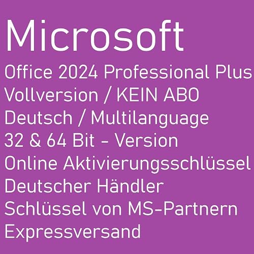 Lizenz für Microsoft Office 2024 Professional Plus Key | VOLLVERSION/KEIN ABO | 1 PC/NOTEBOOK | 32 & 64 Bit | Online Aktivierungsschlüssel