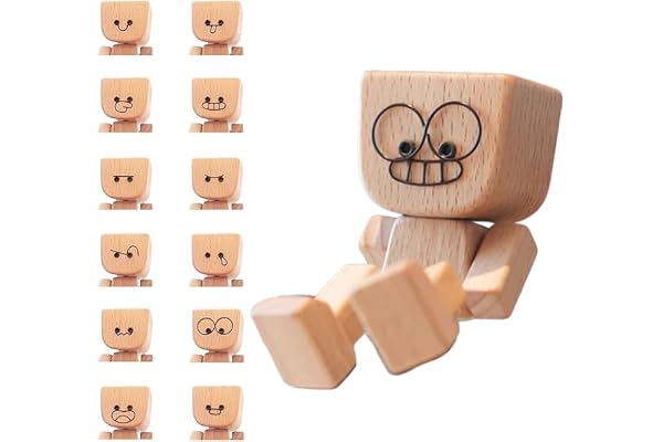 Korsaot Bonhomme en Bois Articulé, Intéressant Petit Bonhomme en Bois avec 12 Expressions Interchangeables, Pieds Mobiles, pour Bureau, Voiture, Maison, Cadeau Créatif