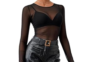 pawpoem Body Transparent Femme, Top Femme Noir en Maille avec Manches Longues, T Shirt Transparent Slim Fit pour Clubwear, Soirées