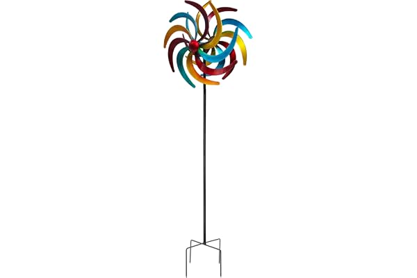 Moulin à vent en métal multicolore - Diamètre : 38 cm - Hauteur : 140 cm - Décoration de jardin