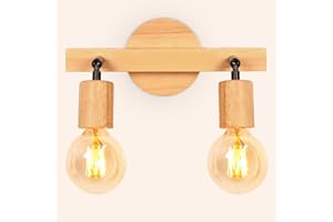 LIGKIN Applique da parete Interno Vintage E27 Lampada da parete Legno Lampada da parete Testa Girevole Regolabile Luce da parete Illuminazione Tnterna Faretto per Soggiorno, Camera da letto, Corridoio