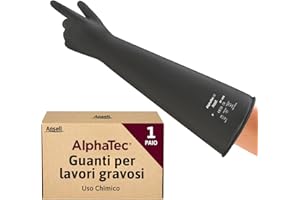 Ansell AlphaTec 87-108 Guanti di Protezione Chimica in Lattice, Polsino Lungo (61 cm), Elevata Resistenza alle Sostanze Chimiche, Impermeabili e Riutilizzabili, Nero, Taglia L (1 Paio)