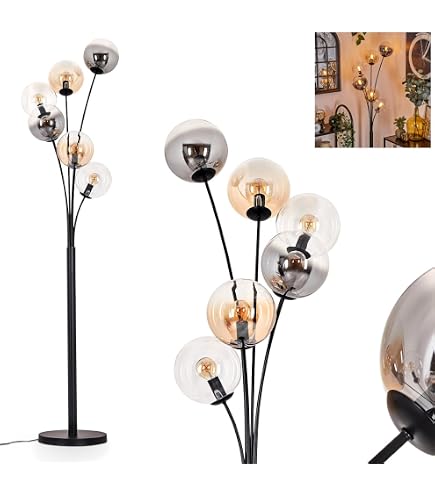 Staande lamp Ripoll, staande lamp van metaal/glas in zwart/goudkleur/helder, lamp in modern retro/vintage design met glazen kap ( 15cm) en voetschakelaar, hoogte 210cm, 3 x E14, zonder gloeilampen
