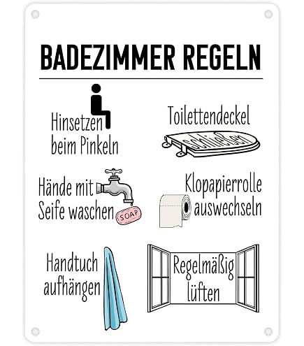 Blechschild "Badezimmer Regeln" – 20x30 Cm, Metall, Vintage-Design, Witziger Spruch, Deko & Geschenk
