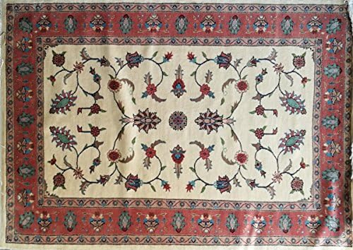 185 x 130 cm ZIEGLER RUG ORIGINAL HAN KNOTTED ORIENTAL CARPET. COLOURS: CREAM, PINK, TEA PINK, GREEN, SKY BLUE