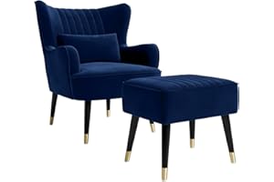 Vesgantti Velvet Armchair with Footstool and Lumbar Pillow, Modern Wing Back Accent Chair with Ottoman, Large Cuddle Chair for Living Room Bedroom Study Room Office(Blue)
