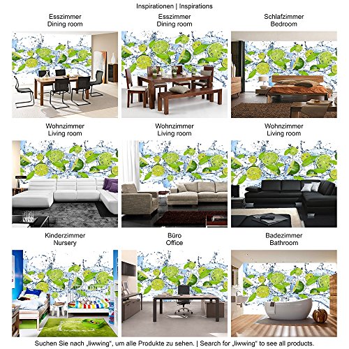 Vlies Fototapete PREMIUM PLUS Wand Foto Tapete Wand Bild Vliestapete – Limetten Wasser Blätter Tropfen Obst Frucht – no. 864, Größe: 300 x 210 cm Vlies - 6