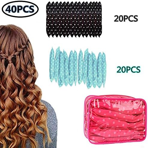 40 Packs Soft Pillow Hair Rollers Curlers Foam Soft Sponge Sleep No Heat Magic Hair Styling DIY Tool for Long Medium Wavy, Tight, Spiral Curls Hair + Free package bag (Green 20pcs + Black 20pcs)