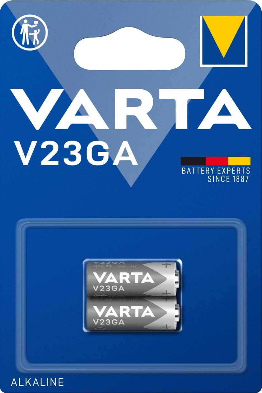 Varta Pila de botón alcalina de 12 V Electronics V23GA, pilas de botón en un blíster original de 2 unidades, plateado