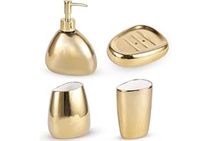 XYQXYQ Elegantes 4-teiliges galvanisiertes Keramik-Badezimmer-Set, ausgestattet mit Lotionspender, Mundspülbecher, Seifenschale, Zahnbürstenhalter, modernes Badezimmer-Dekorationsset (Gold)