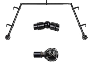 KAMANINA 1 Inch Bay Window Curtain Rods, Telescoping Curtain Rods for Bay Windows 36 to 72 Inch(Center Rod), Black drapery Rods 20 to 36 Inch(Side Rods), Netted Texture Ends