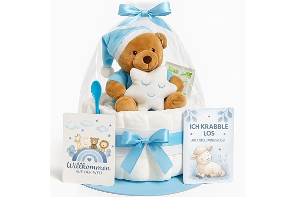 Gâteau de couches garçon en bleu – Cadeau de naissance et de baptême pour bébé avec doudou, couches, carte de félicitations – Gâteau de couches pour bébé pour fête prénatale