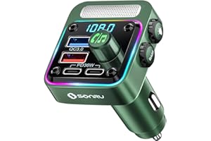 SONRU Bluetooth 5.3 Car FM Transmitter【PD 36W+QC3.0 18W】【Bass Music Player】Wireless Car Radio Adapter Hands-Free Calling Support 64G U Disk Card with 5 Colors LED Backlit Switch